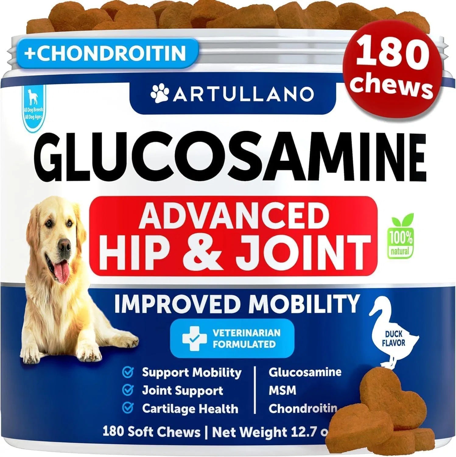 Glucosamine For Dogs Hip And Joint Supplement Chondroitin Hemp Oil MSM Chews Arthritis Support Large Breeds 120 Treats